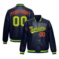 Navy Neon Green Faux Leather Letterman Jacket Full-Snap Varsity 1