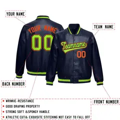 Navy Neon Green Faux Leather Letterman Jacket Full-Snap Varsity 2