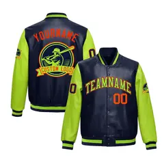 Navy Neon Green Faux Leather Letterman Jacket Raglan Full-Snap