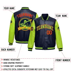 Navy Neon Green Faux Leather Letterman Jacket Raglan Full-Snap 2