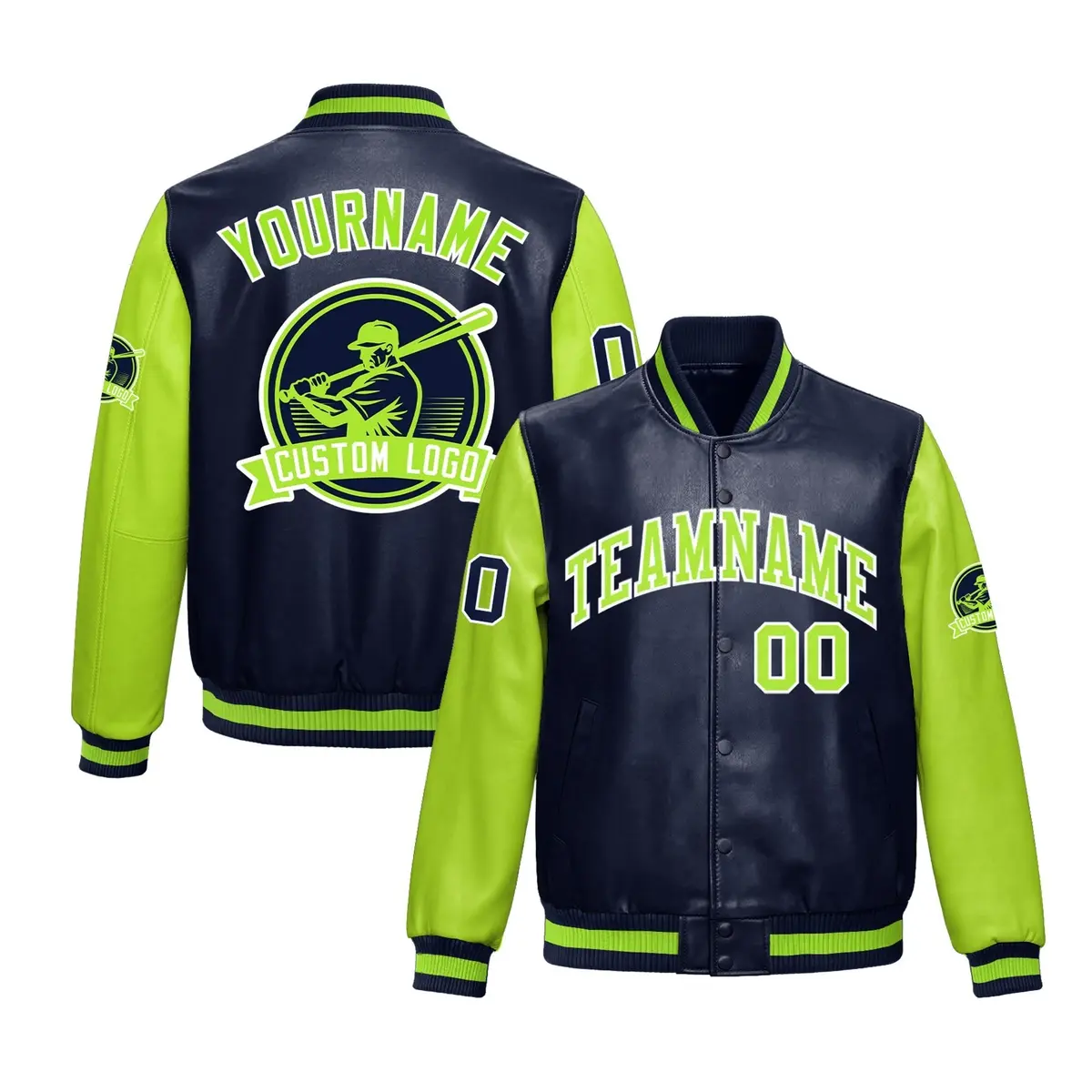 Navy Neon Green Faux Leather Letterman Jacket Raglan Full-Snap