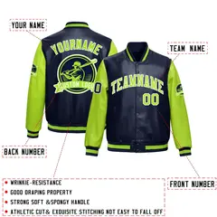 Navy Neon Green Faux Leather Letterman Jacket Raglan Full-Snap 2