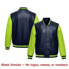 Navy Neon Green Faux Leather Letterman Jacket Raglan Full-Snap 6