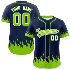 Navy Neon Green Flame Graffiti Authentic Baseball Jersey 1