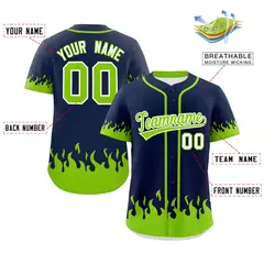 Navy Neon Green Flame Graffiti Authentic Baseball Jersey 2