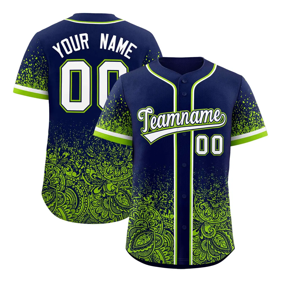 Navy Neon Green Floral Gradient Full Button Baseball Jersey