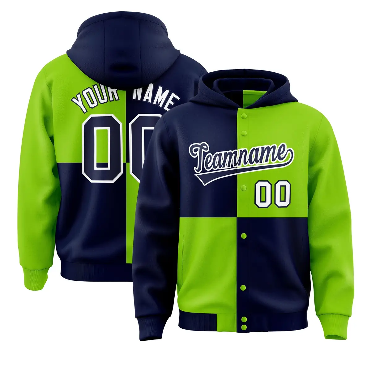 Navy Neon Green Four Squares Color Block Varsity Letterman Jacket Hoodie