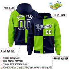Navy Neon Green Four Squares Color Block Varsity Letterman Jacket Hoodie 4