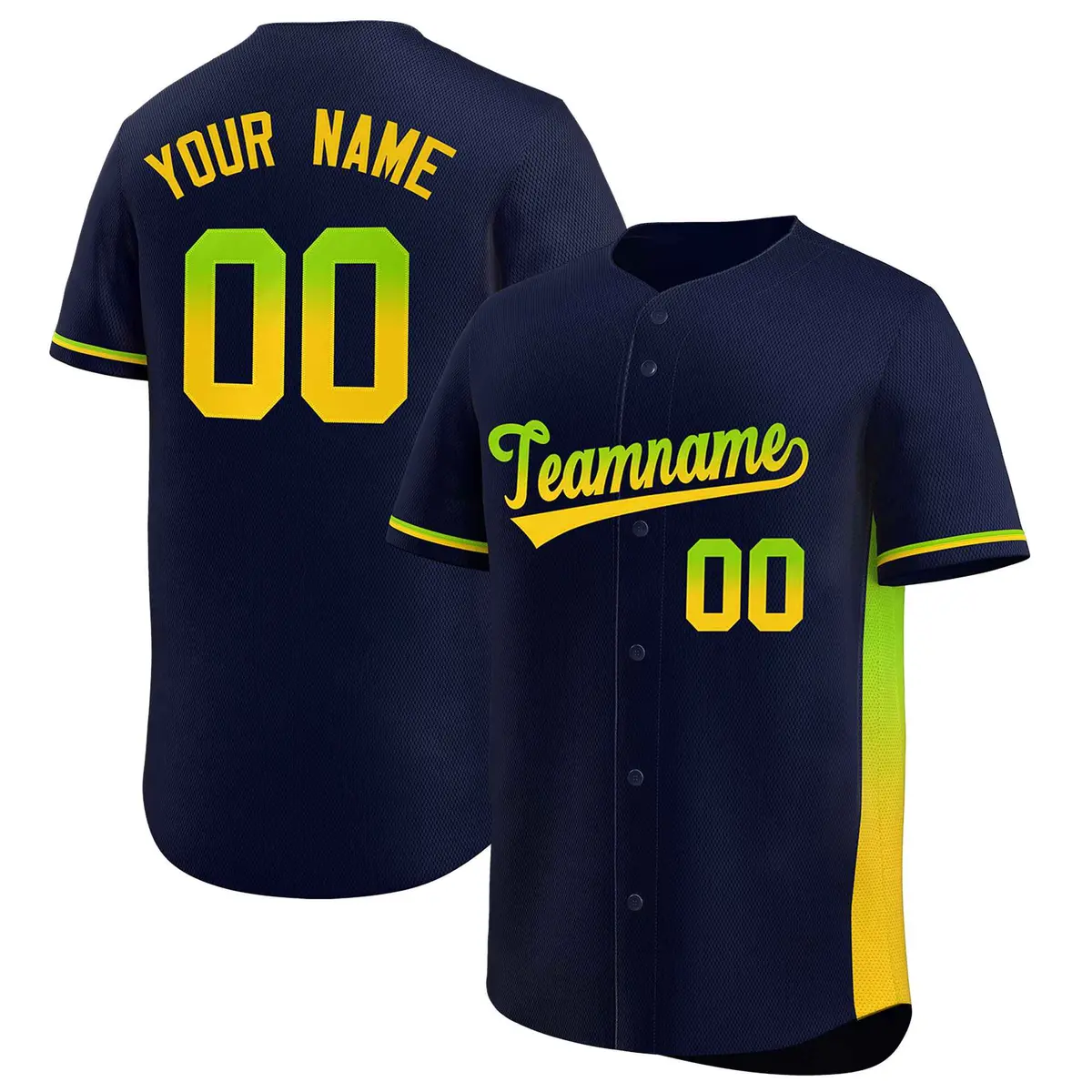 Navy Neon Green-Gold Gradient Side Baseball Jersey