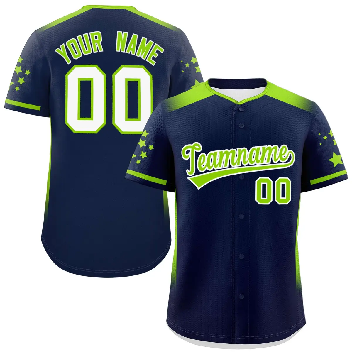 Navy Neon Green Gradient Side Star Pattern Baseball Jersey