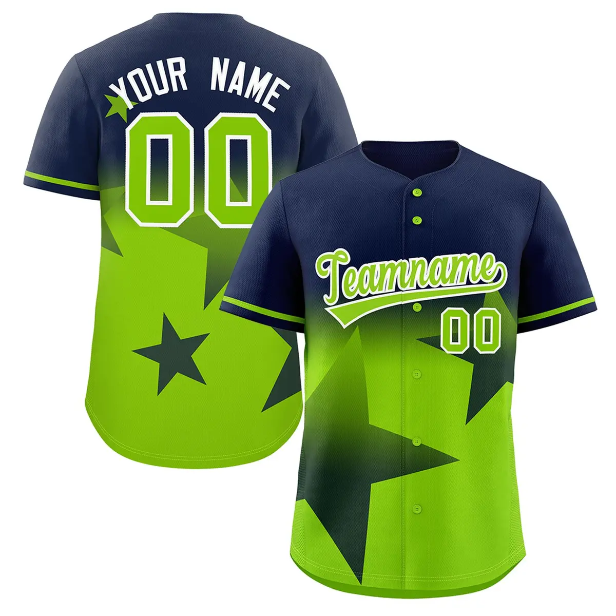 Navy Neon Green Gradient Star Graffiti Baseball Jersey