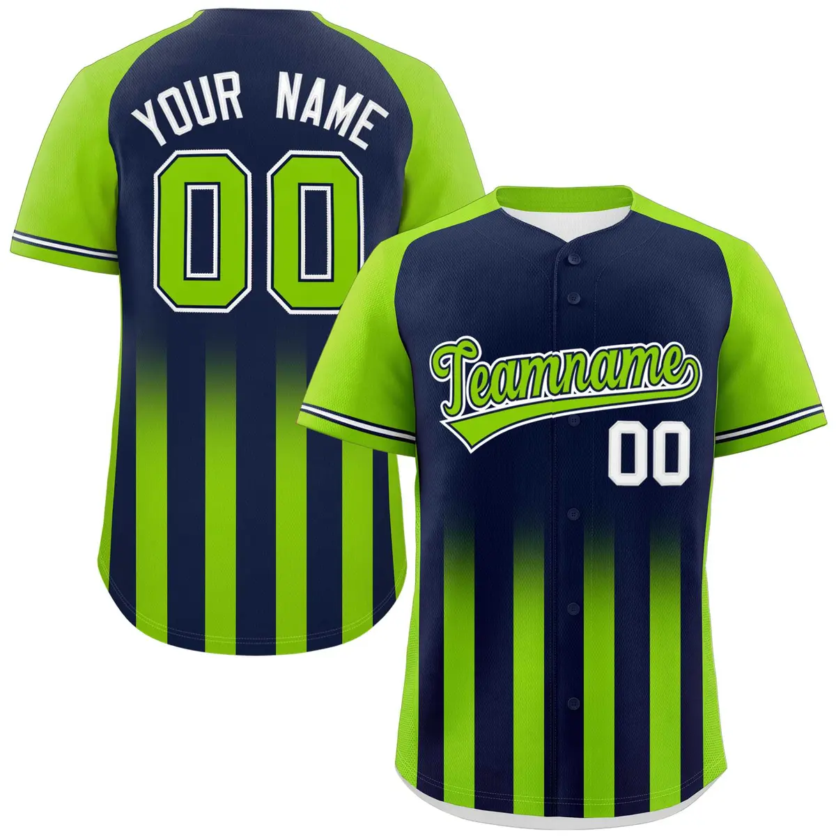 Navy Neon Green Gradient Thick Stripe Raglan Baseball Jersey