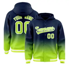 Navy Neon Green Gradient Varsity Full-Snap Letterman Jacket Hoodie