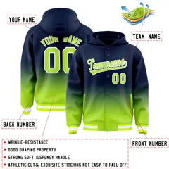 Navy Neon Green Gradient Varsity Full-Snap Letterman Jacket Hoodie 4