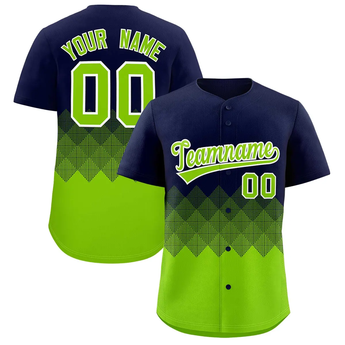 Navy Neon Green Grid Blur Pattern Baseball Jersey