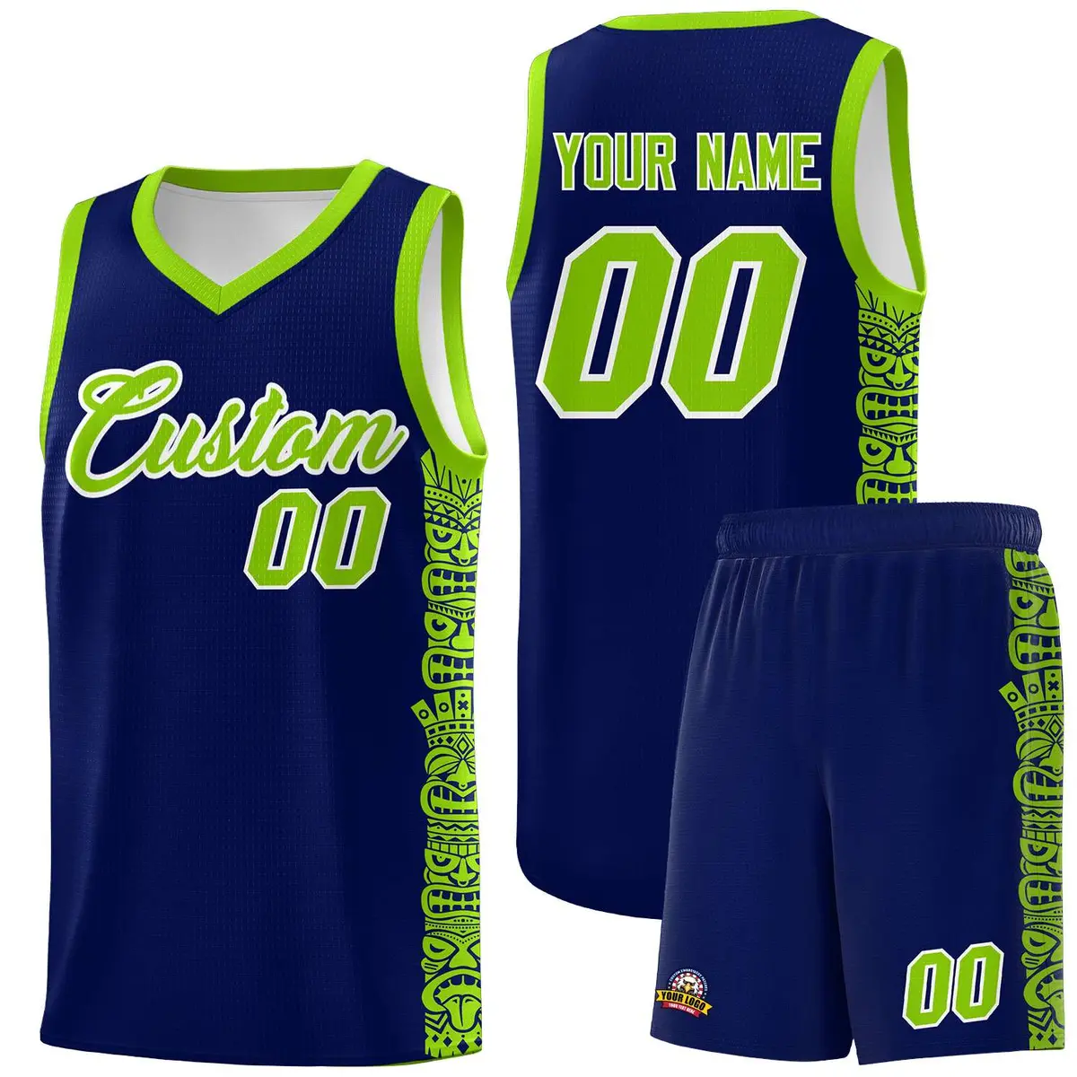 Navy Neon Green Indians Pattern Basketball Jersey
