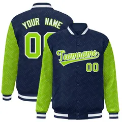 Navy Neon Green L Pattern Raglan Letterman Baseball Jacket