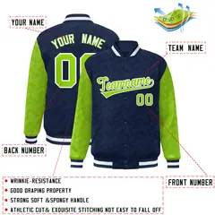 Navy Neon Green L Pattern Raglan Letterman Baseball Jacket 2