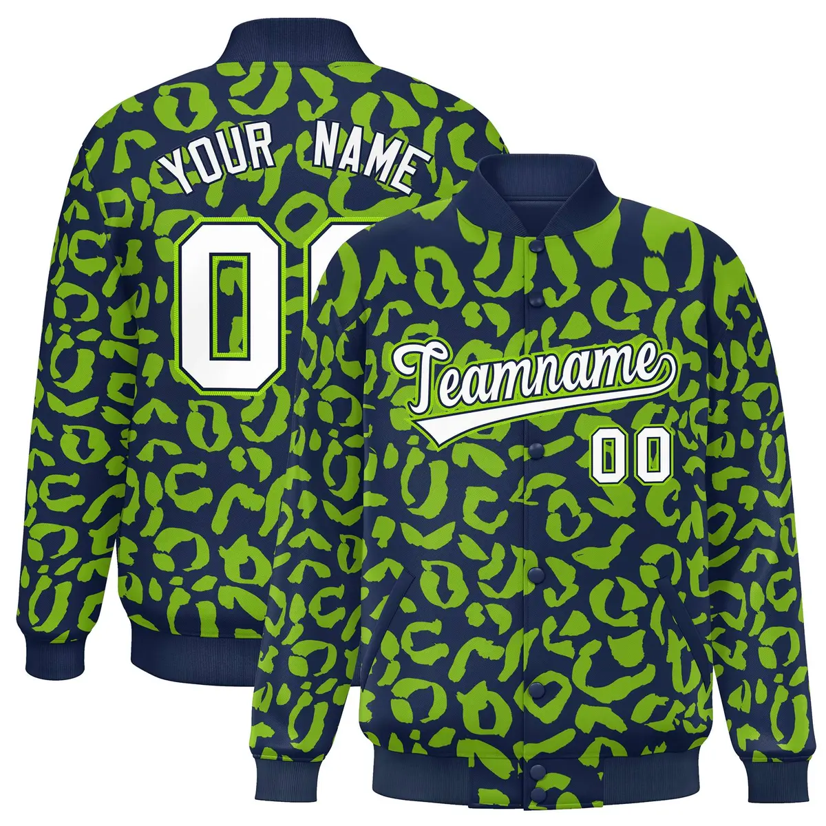 Navy Neon Green Leopard Graffiti Varsity Letterman Baseball Jacket