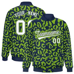 Navy Neon Green Leopard Graffiti Varsity Letterman Baseball Jacket 1