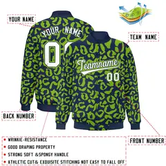 Navy Neon Green Leopard Graffiti Varsity Letterman Baseball Jacket 2