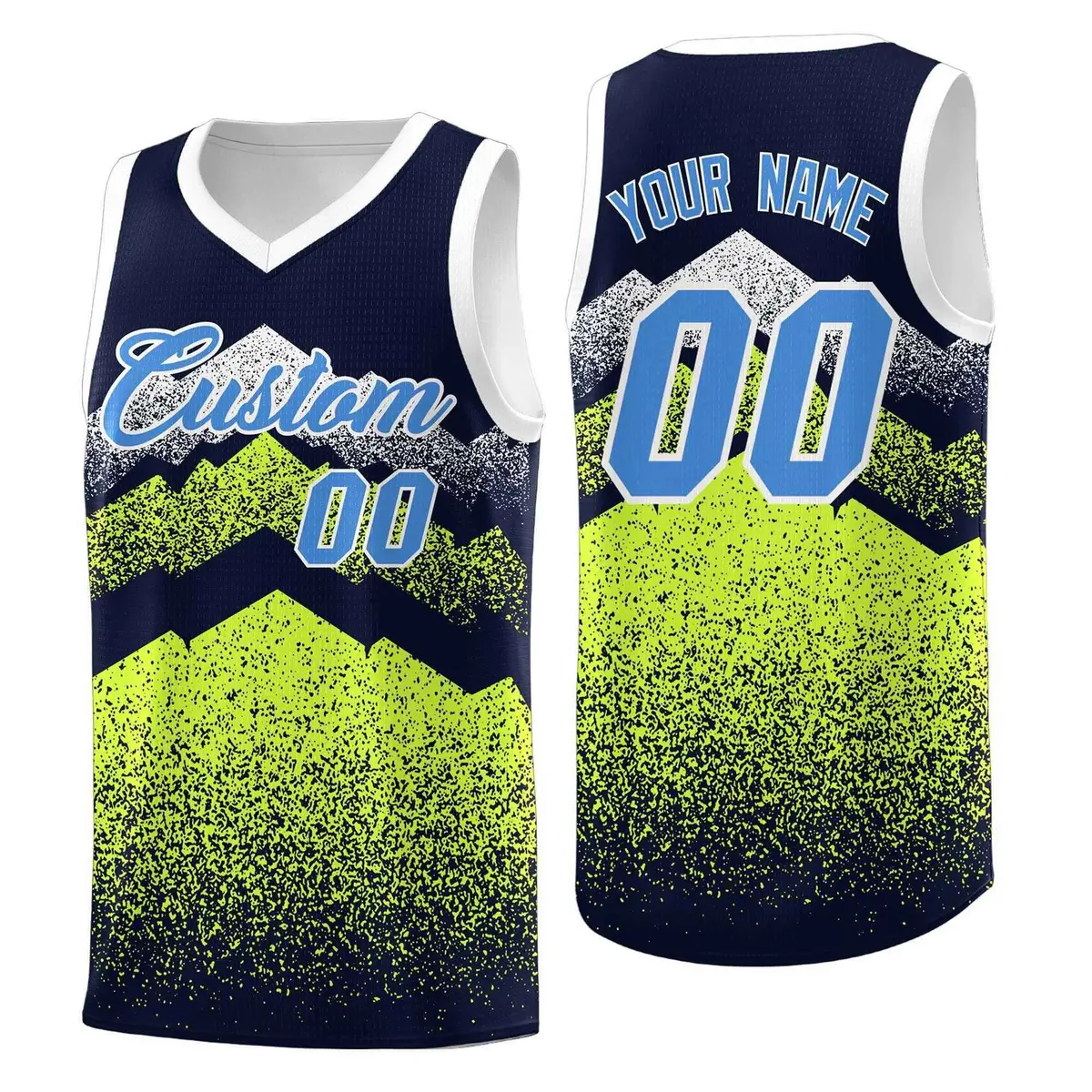 Navy Neon Green Mountain Fade Gradient Basketball Jersey