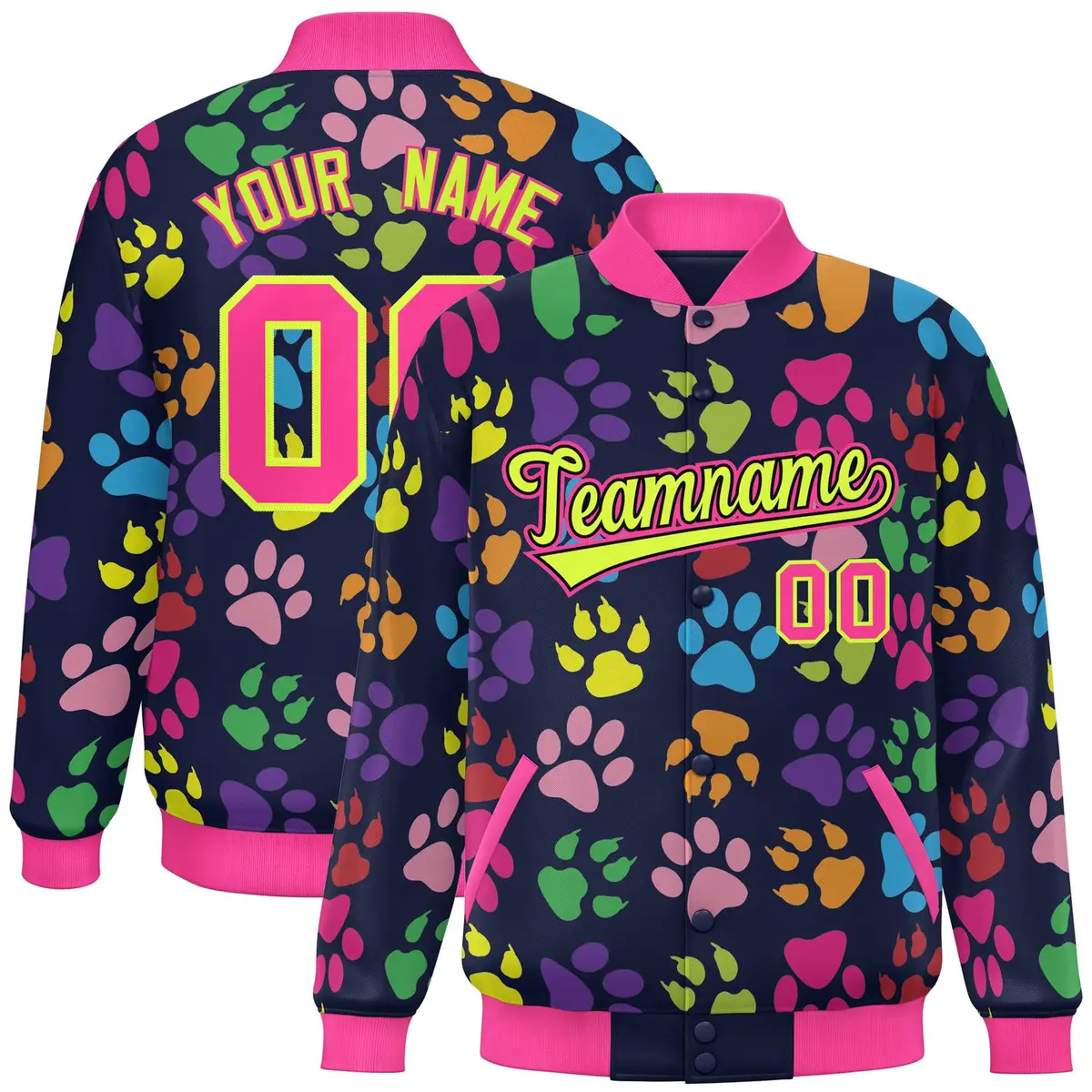 Navy Neon Green-Pink Paw Prints Graffiti Varsity Letterman Jacket