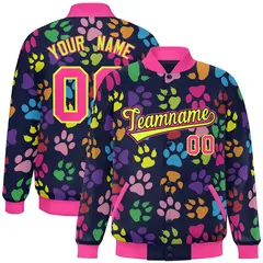 Navy Neon Green-Pink Paw Prints Graffiti Varsity Letterman Jacket