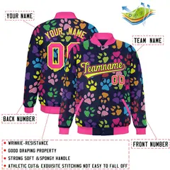 Navy Neon Green-Pink Paw Prints Graffiti Varsity Letterman Jacket 2