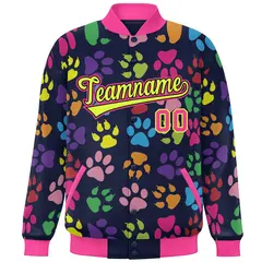 Navy Neon Green-Pink Paw Prints Graffiti Varsity Letterman Jacket 3