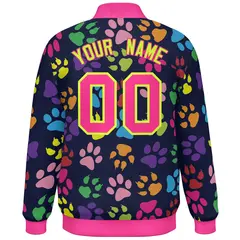 Navy Neon Green-Pink Paw Prints Graffiti Varsity Letterman Jacket 4