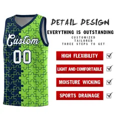 Navy Neon Green Puzzle Pattern Splid Basketball Kits 2