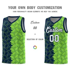 Navy Neon Green Puzzle Pattern Splid Basketball Kits 3