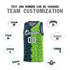 Navy Neon Green Puzzle Pattern Splid Basketball Kits 4
