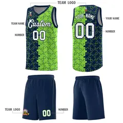 Navy Neon Green Puzzle Pattern Splid Basketball Kits 5