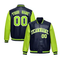 Navy Neon Green Raglan Full-Snap Varsity Faux Leather Letterman Jacket