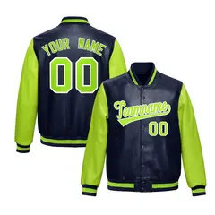Navy Neon Green Raglan Full-Snap Varsity Faux Leather Letterman Jacket 1