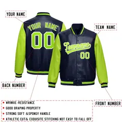 Navy Neon Green Raglan Full-Snap Varsity Faux Leather Letterman Jacket 2