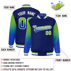 Navy Neon Green-Royal Gradient Varsity Full-Snap Raglan Baseball Jacket 2