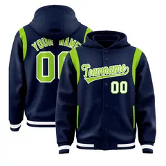 Navy Neon Green Shoulder Color Block Full-Snap Varsity Letterman Hoodie