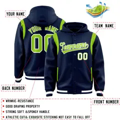 Navy Neon Green Shoulder Color Block Full-Snap Varsity Letterman Hoodie 4