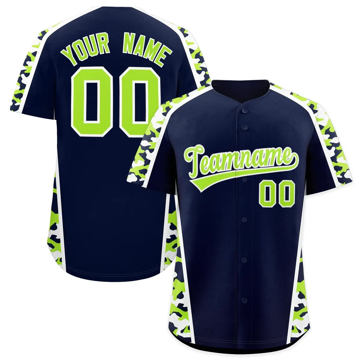 Navy Neon Green Side Camo Baseball Jersey