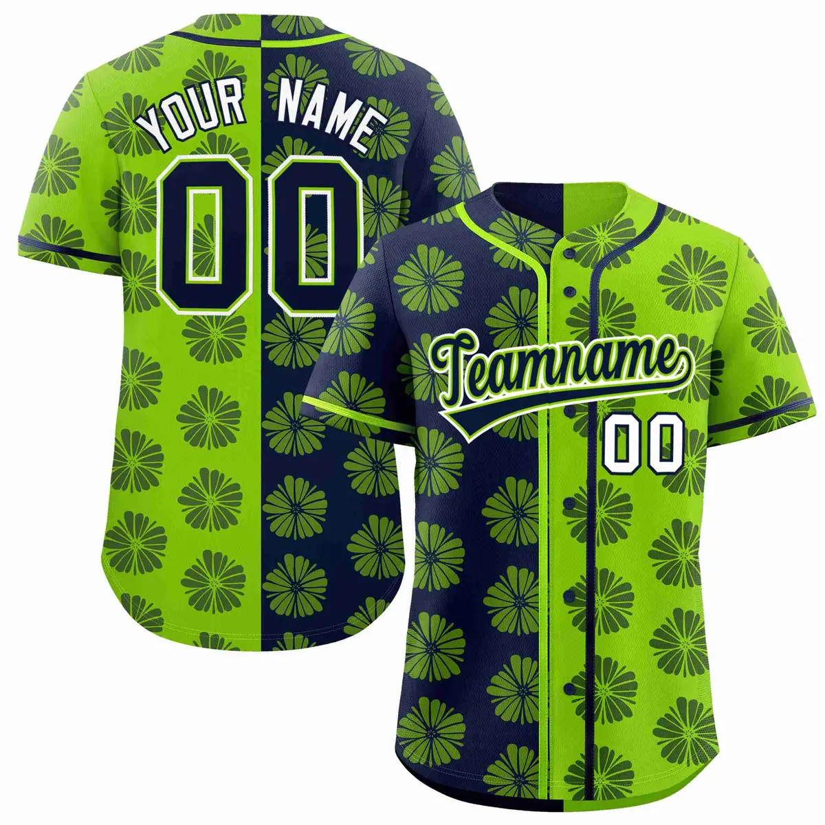 Navy Neon Green Split Flower Graffiti Baseball Jersey