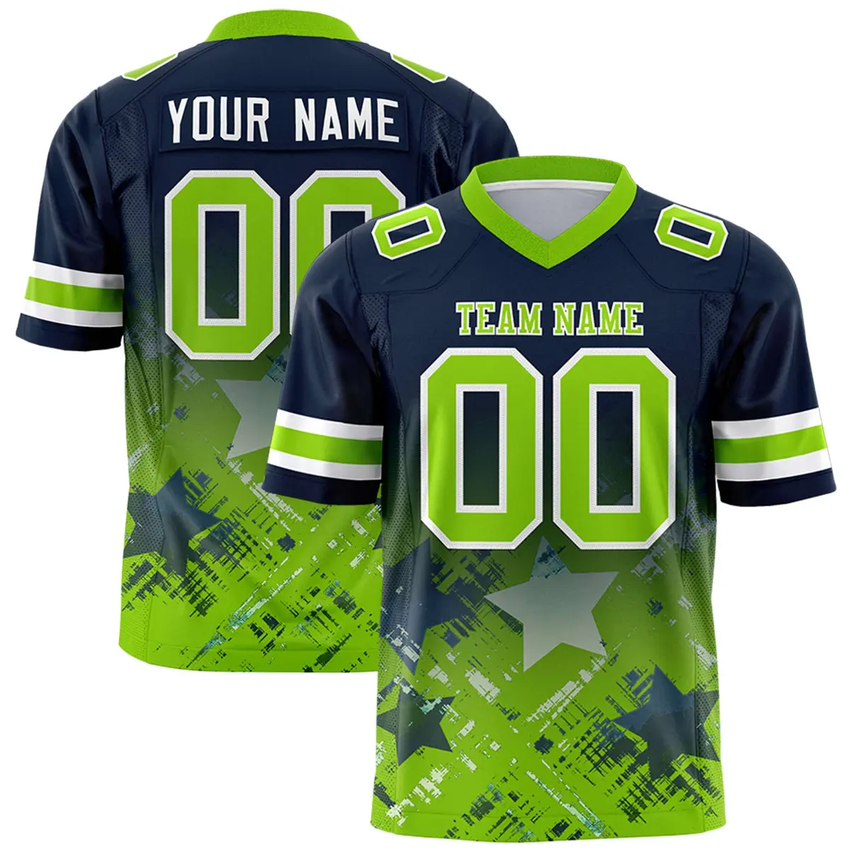 Navy Neon Green Star Gradient Flag Football Jersey