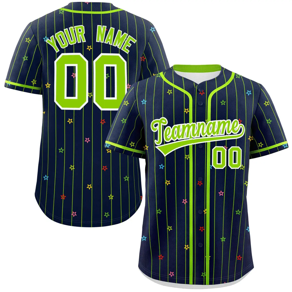 Navy Neon Green Stripe Star Pattern Baseball Jersey