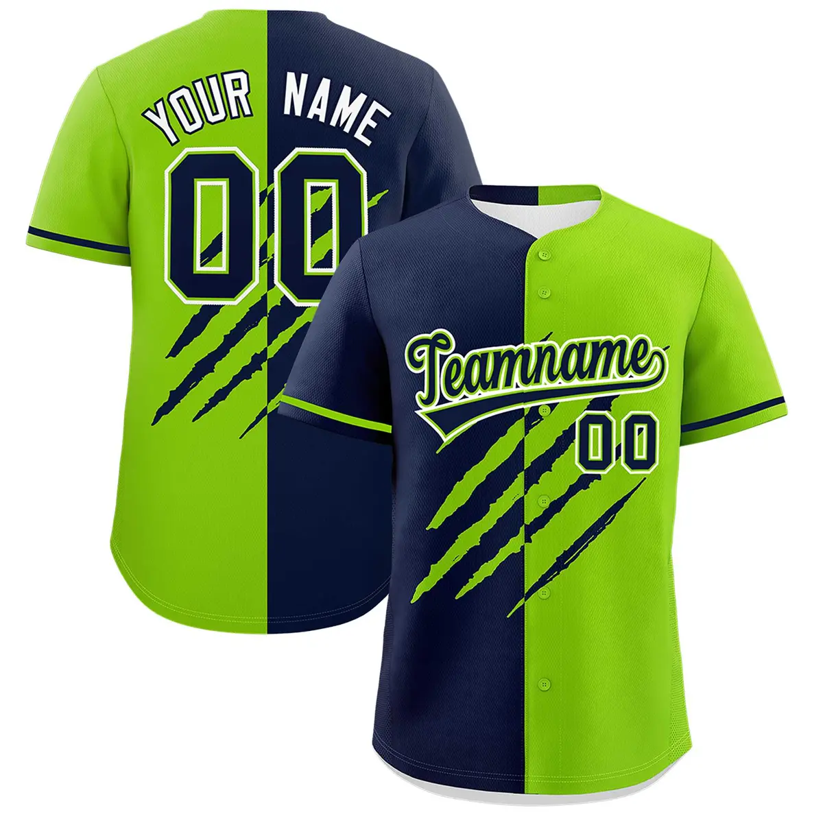 Navy Neon Green Tiger Claw Scratch Split Baseball Jersey