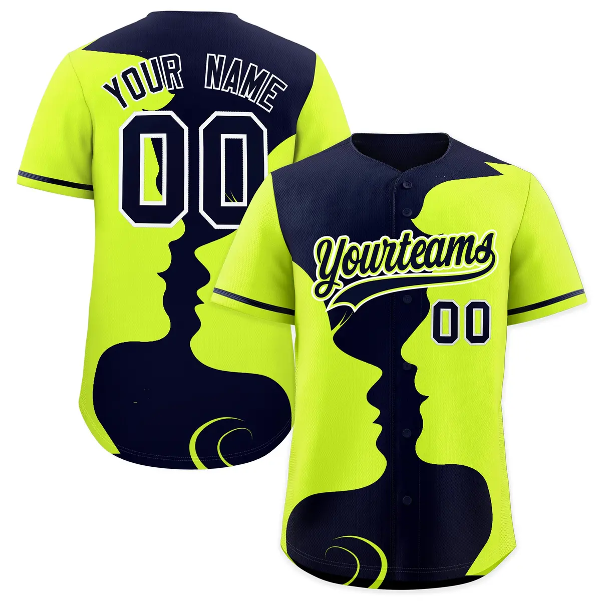 Navy Neon Green Valentine's Day Couple Silhouettes Baseball Jersey