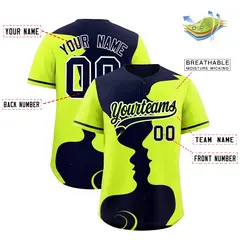 Navy Neon Green Valentine's Day Couple Silhouettes Baseball Jersey 3