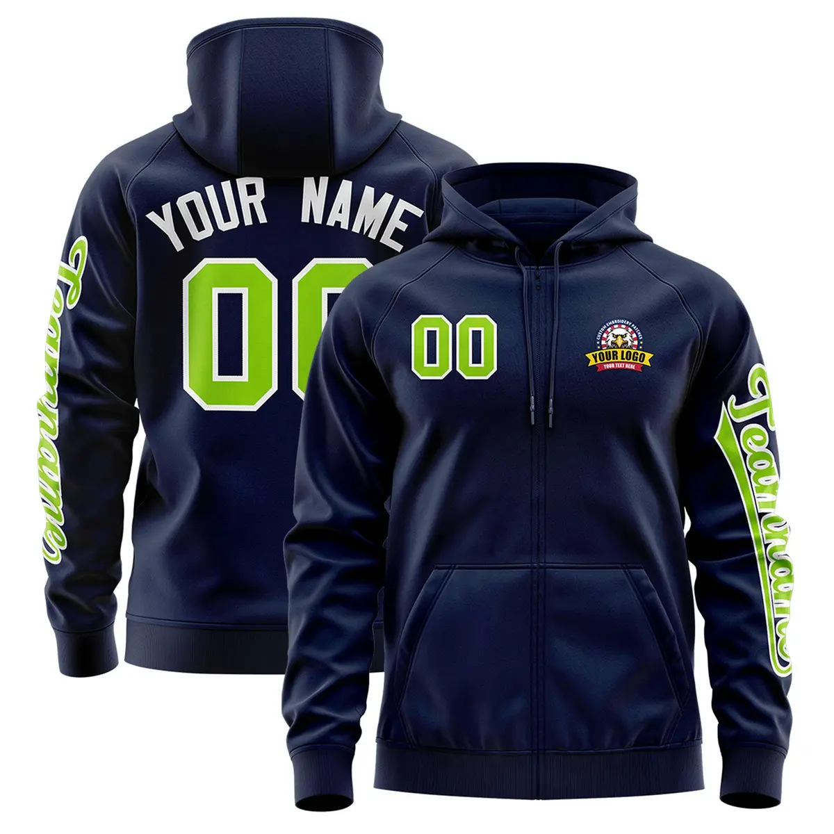 Navy Neon Green Varsity Full-Zip Letterman Jacket Hoodie