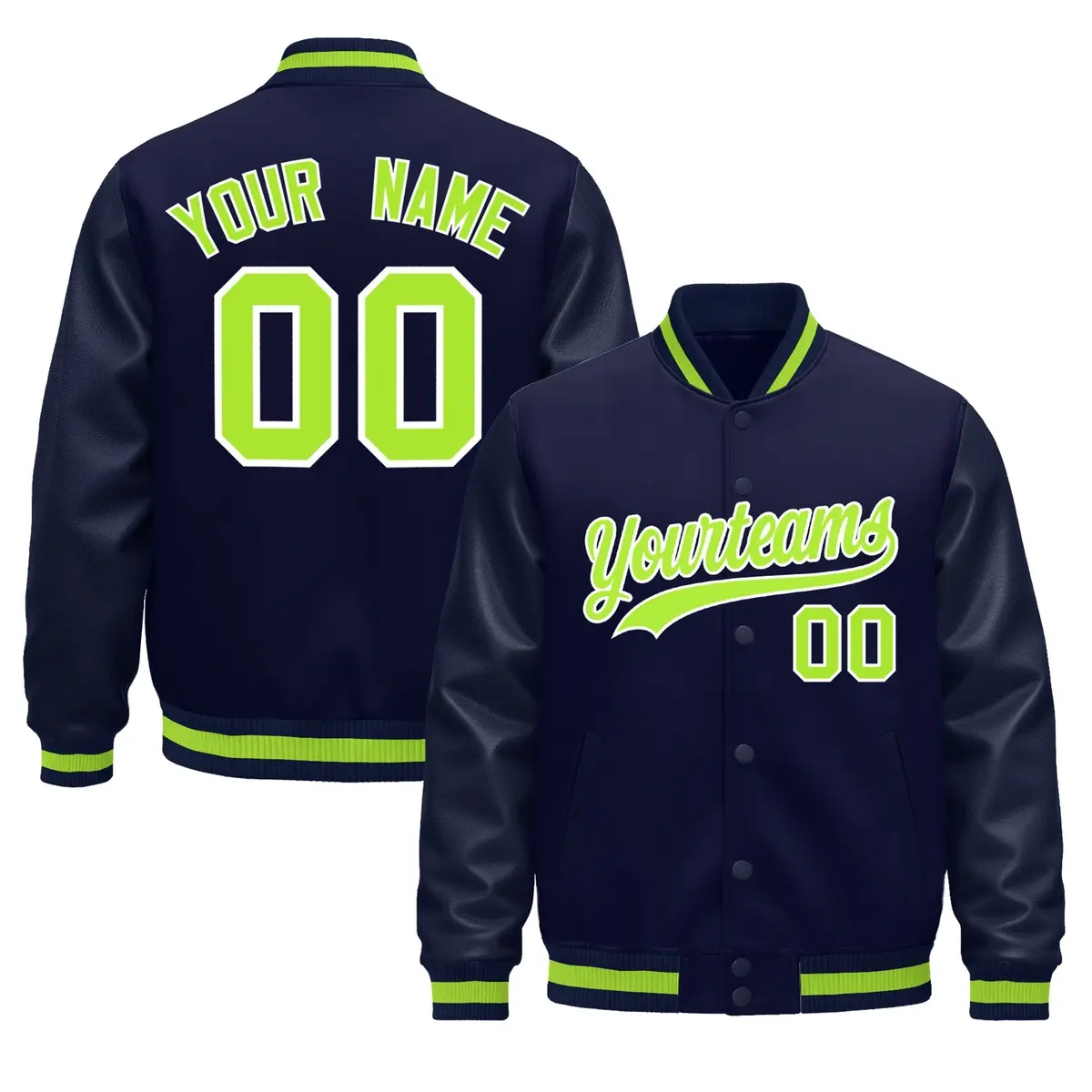 Navy Neon Green Varsity Jacket Leather Sleeves Wrinkle-Resistant
